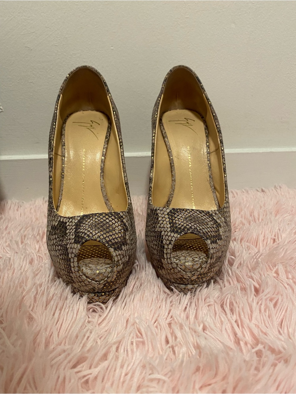 Giuseppe Zanotti Neutral Snakeskin Peep-Toe Platform Pumps